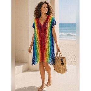 Open Knit Crochet Swim Cover-Up S M L Rainbow Pride Resort Festival Boho Beach